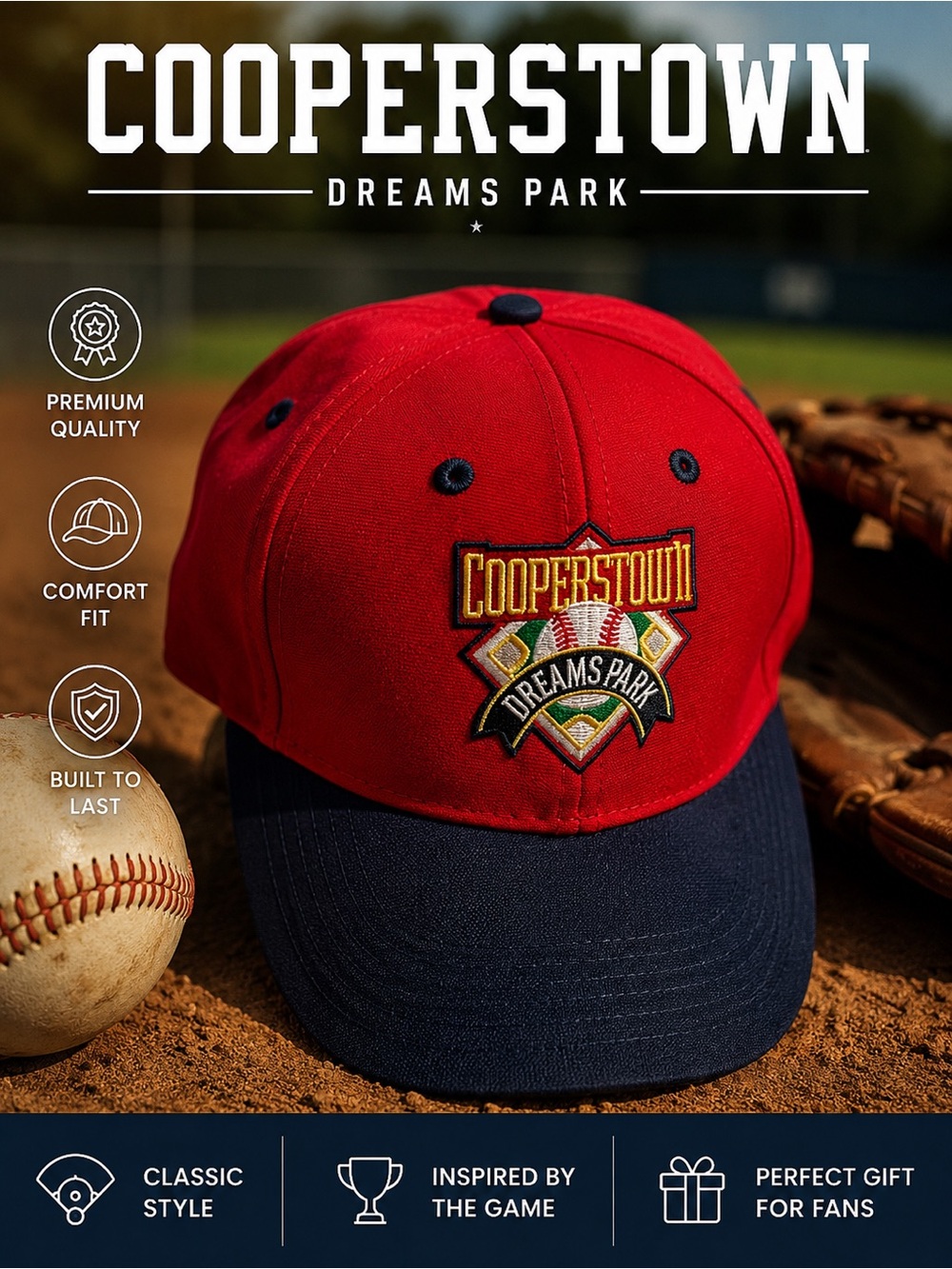 Cooperstown Dreams Park Adjustable Baseball Cap Hat Red Navy
